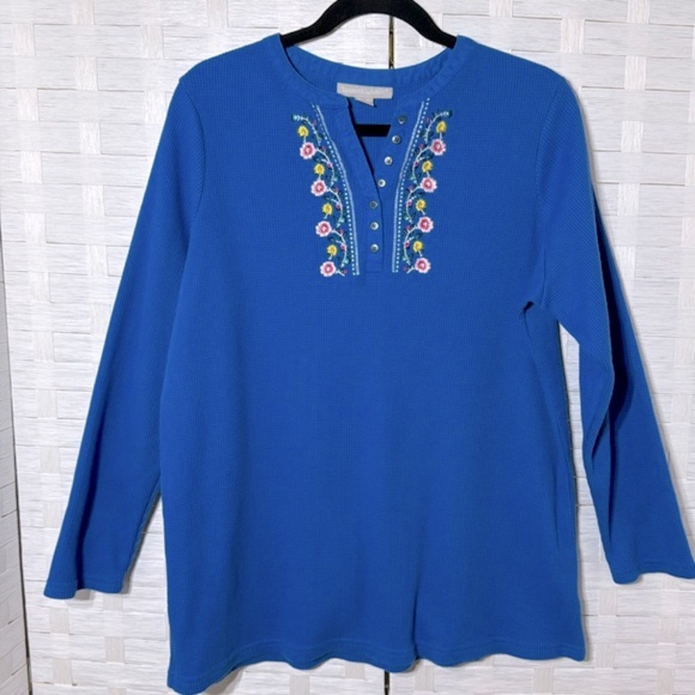 Woman Within Women’s Blue Embroidered Thermal Henley Long Sleeve Size Large